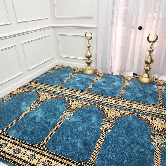 Peaceful light blue mosque carpeting with arch shape now in stock in a US warehouse